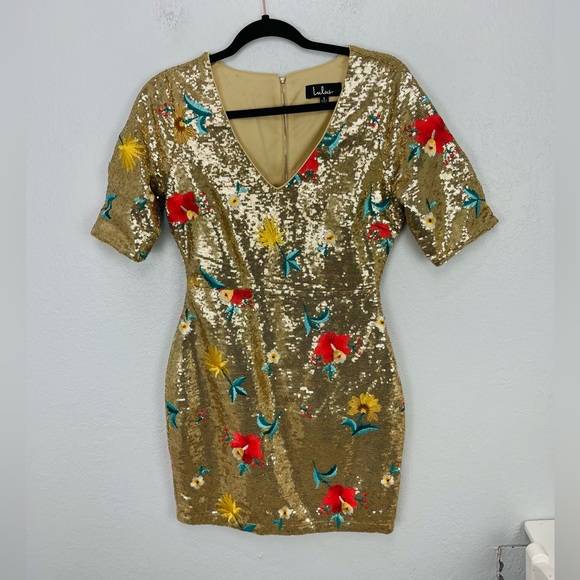 Lulu’s Let It Shine Gold Floral Embroidered Sequin Bodycon Dress - Picture 4 of 9